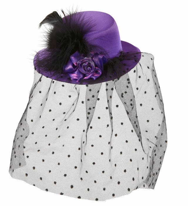 "PETIT HAUT-DE-FORME VIOLET AVEC ROSE, VOILE TULLE A POIS ET PLUMES"