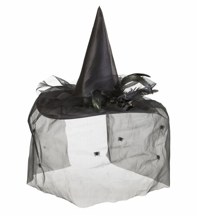 "CHAPEAU SORCIERE AVEC TULLE, FLEUR ET PLUMES"
