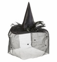"CHAPEAU SORCIERE AVEC TULLE, FLEUR ET PLUMES"