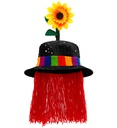"CHAPEAU DE CLOWN NOIR EN VELOURS AVEC CHEVEUX ET TOURNESOL"