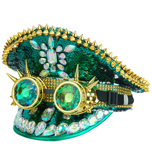 "CHAPEAU FESTIVAL AVEC POINTES, BIJOUX ET LUNETTES KALEIDOSCOPIQUES AVEC POINTES PAILLETTES VERT"