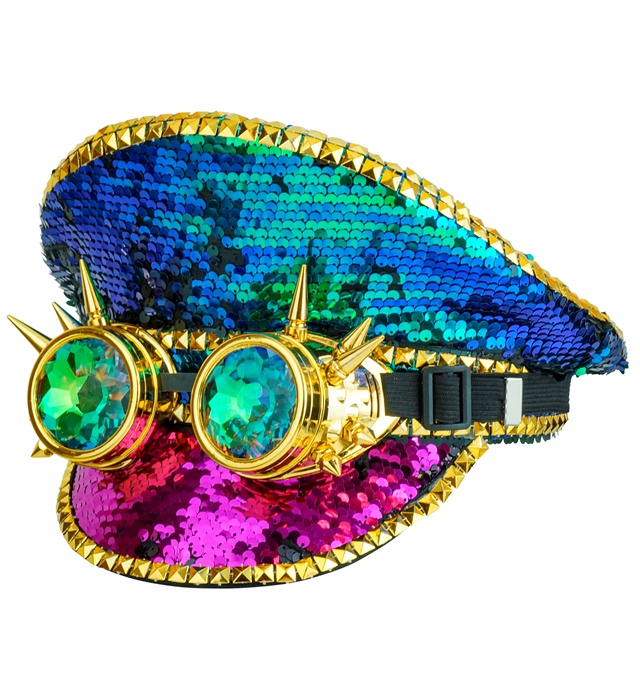 "CHAPEAU FESTIVAL AVEC CLOUS, AVEC LUNETTES KALEIDOSCOPIQUES AVEC POINTES PAILLETTES MULTICOLORES"
