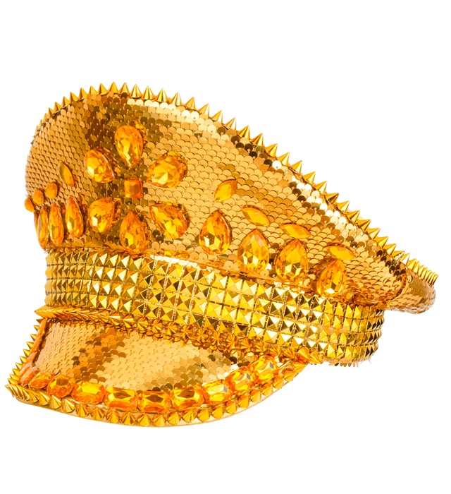 "CHAPEAU FESTIVAL AVEC CLOUS, BIJOUX ET PAILLETTES OR"