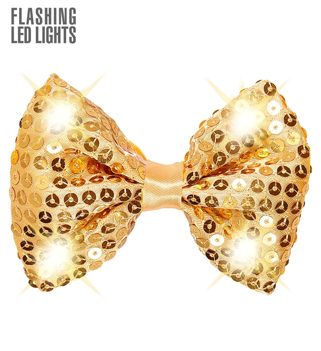 [95696] "NOEUD PAPILLON DORE A PAILLETTES AVEC 4 LED CLIGNOTANTS" ajustable