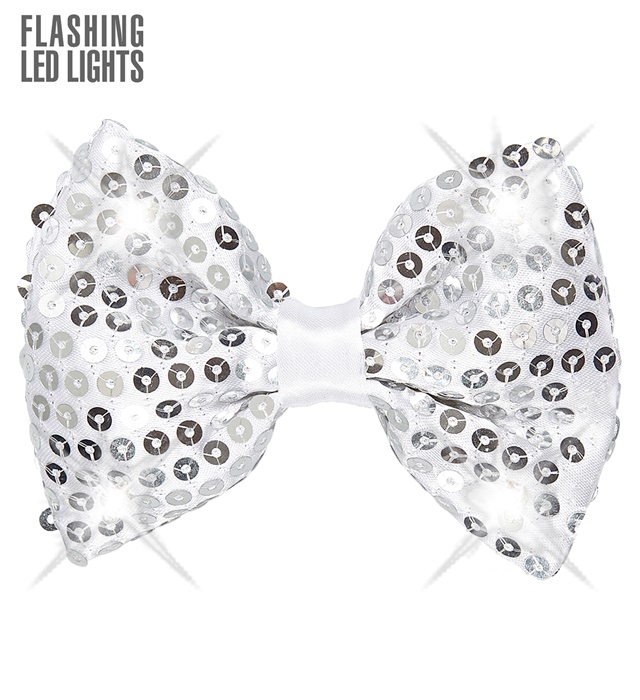 "NOEUD PAPILLON ARGENTE A PAILLETTES AVEC 4 LED CLIGNOTANTS" ajustable