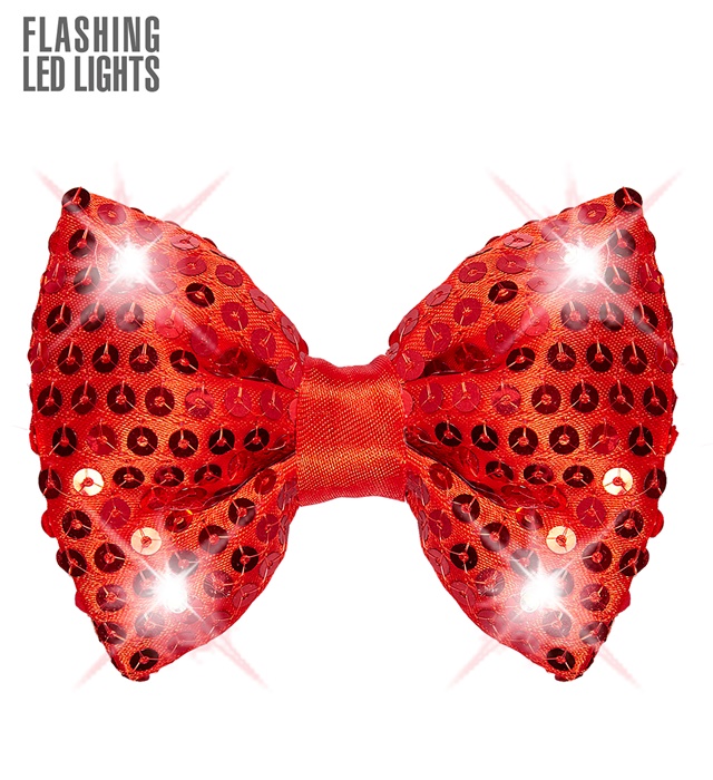 [95698] "NOEUD PAPILLON ROUGE A PAILLETTESAVEC 4 LED CLIGNOTANTS" ajustable