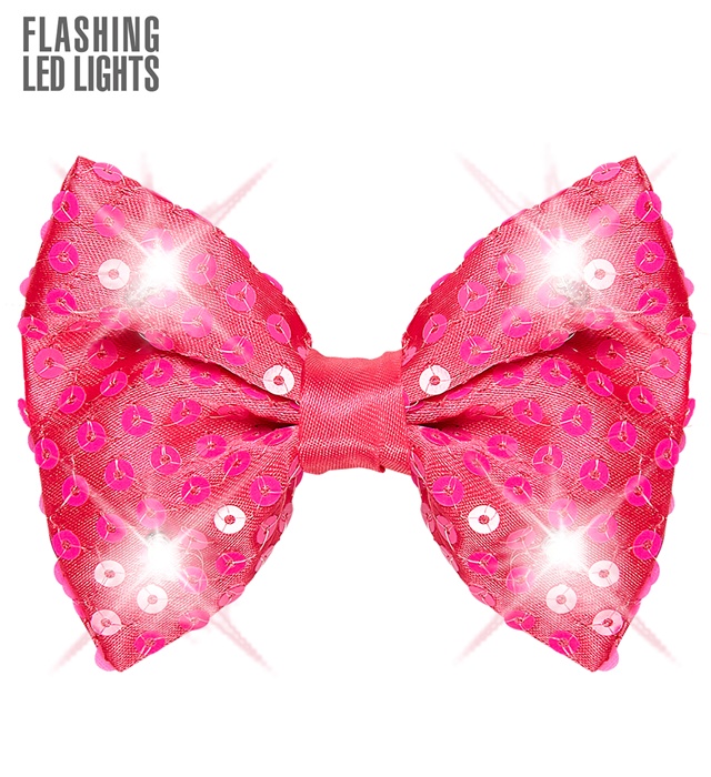 [95699] "NOEUD PAPILLON ROSE A PAILLETTES AVEC 4 LED CLIGNOTANTS" ajustable