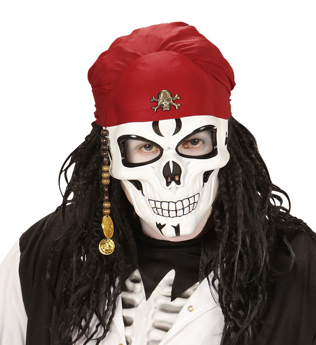 "MASQUE PIRATE CRANE DE SQUELETTE AVEC BANDANA, PERLES ET DOUBLONS"