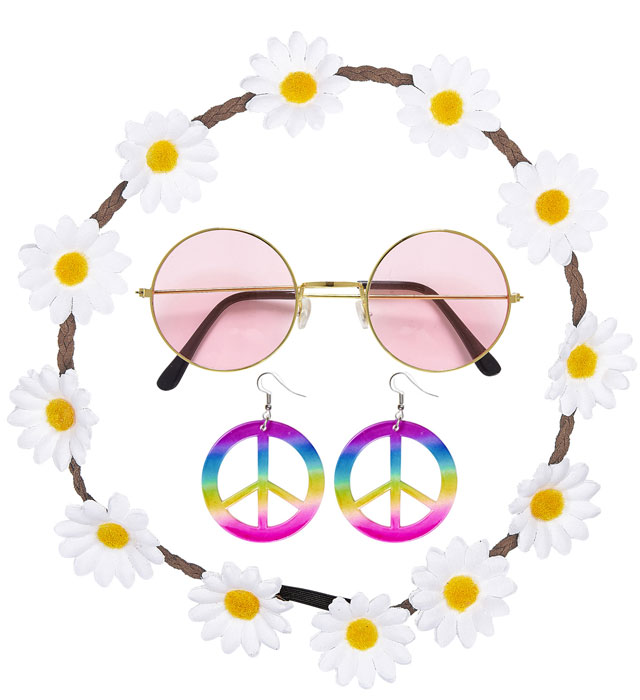 "HIPPIE" (bandeau à fleurs, boucles d'oreilles, lunettes)