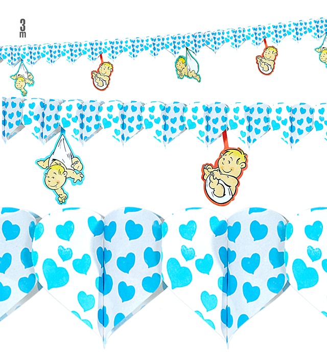 [95733] "GUIRLANDE COEURS IMPRIMES BLEUS AVEC BEBE" 3m