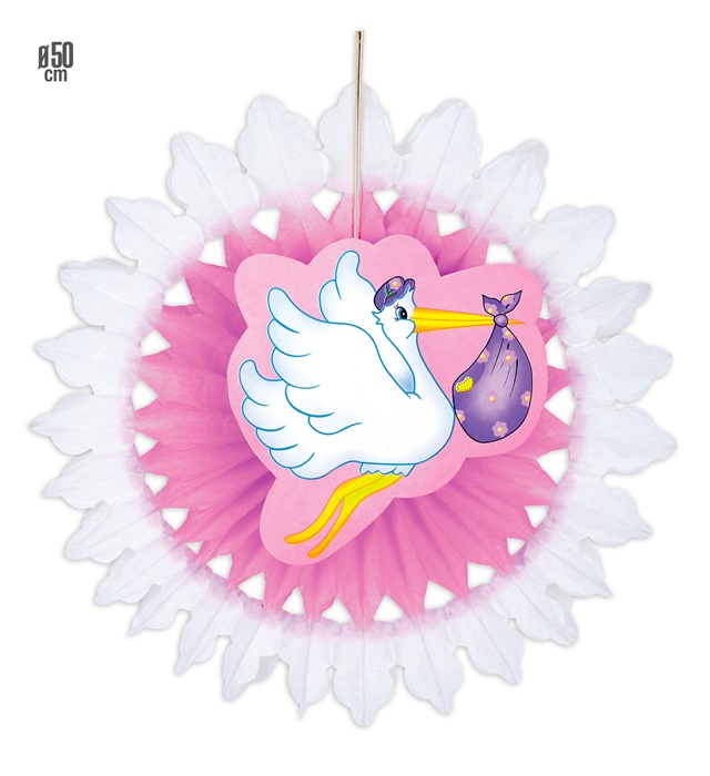 [95787] "ROSACE ROSE CIGOGNE AVEC BEBE" 50cm