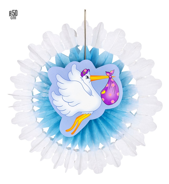 "ROSACE BLEUE CIGOGNE AVEC BEBE" 50 cm