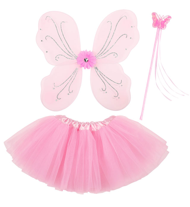 "FEE MAGIQUE" Rose vif (tutu, ailes, baguette magique)