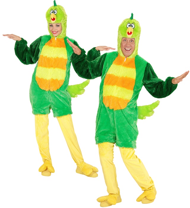 "OISEAU VERT EN PELUCHE DOUX" (combinaison à capuche avec masque)