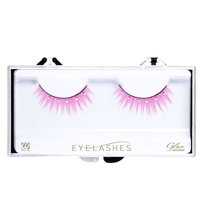 [9850P] "FAUX CILS ROSES EN POINTE AVEC STRASS" en boite avec bouteille de colle en verre