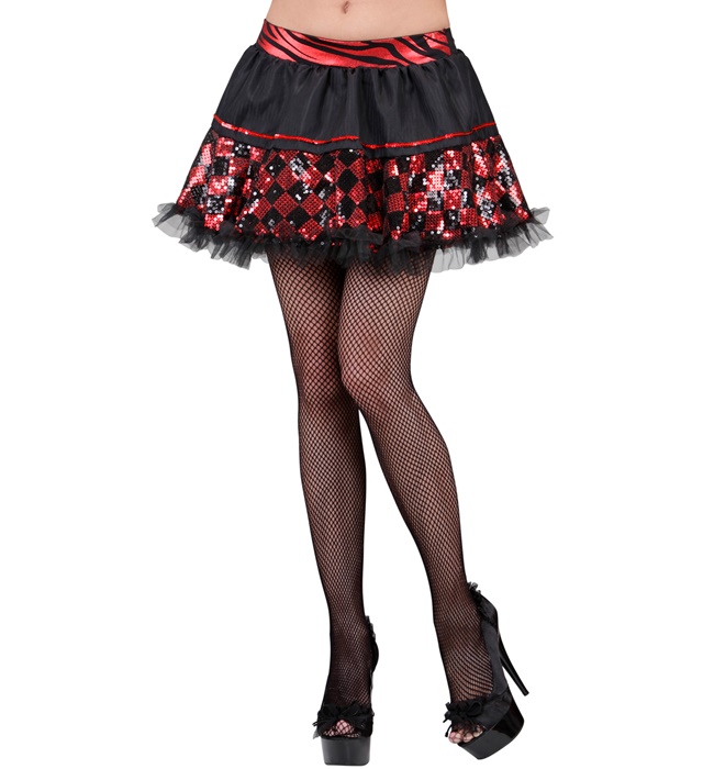 [0149Q] "JUPETTE A DAMIER PAILLETTES NOIR/ROUGE"