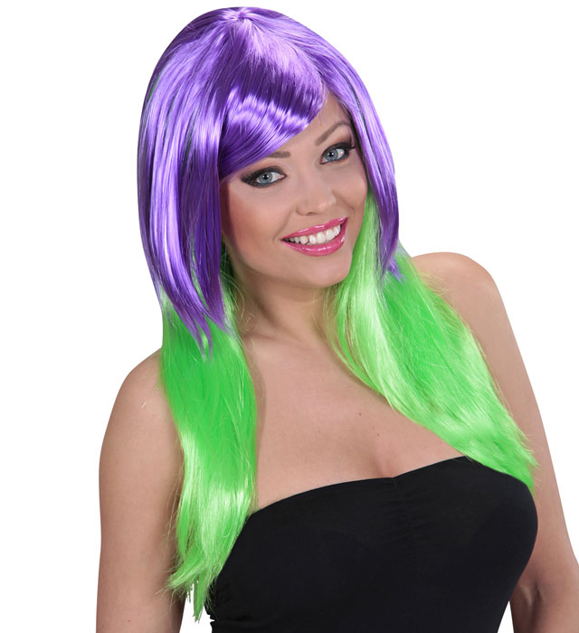 [D9573] "PERRUQUE BICOLORE VERTE/VIOLETTE"en boite