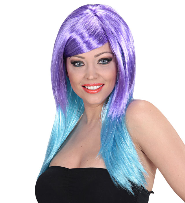 [F9575] "PERRUQUE BICOLORE TURQUOISE/VIOLETTE" en boite