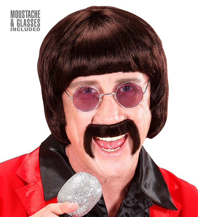 "PERRUQUE BRUNE 60s MUSIC MAN AVECMOUSTACHE ET LUNETTES" en boîte