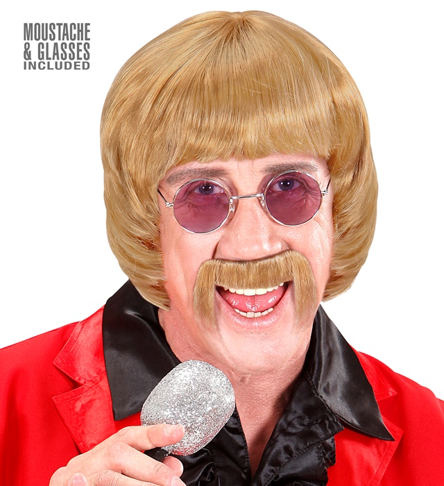 [L0568] "PERRUQUE BLONDE 60s MUSIC MAN AVEC MOUSTACHE ET LUNETTES" en boîte