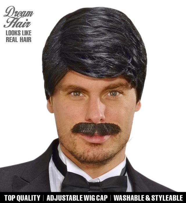 [L9194] "PERRUQUE ET MOUSTACHE NOIRE PLAYBOY DREAM HAIR" en boite de couleur