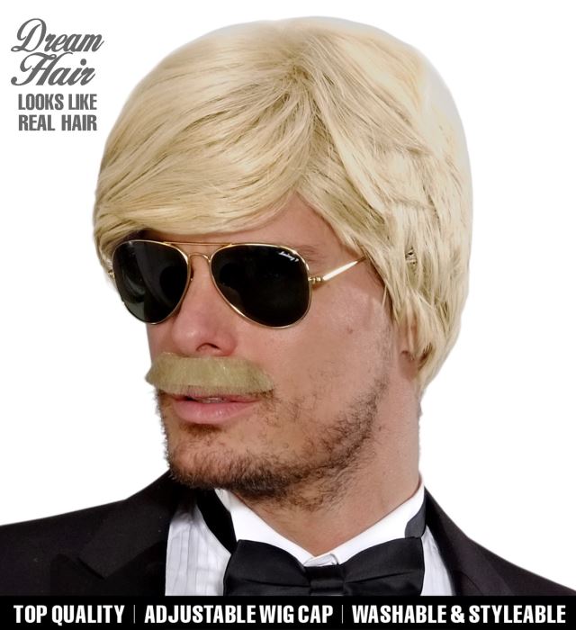 "PERRUQUE ET MOUSTACHE BLONDE PLAYBOY DREAM HAIR" en boite de couleur