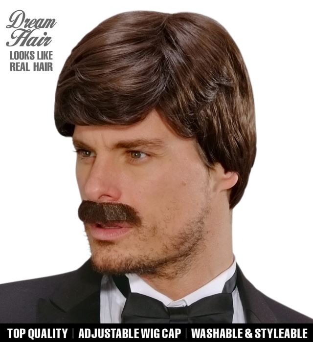 [L9196] "PERRUQUE ET MOUSTACHE BRUNE PLAYBOY DREAM HAIR" en boite de couleur