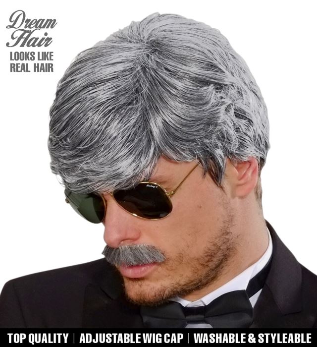 [L9197] "PERRUQUE ET MOUSTACHE GRISE PLAYBOY DREAM HAIR" en boite de couleur