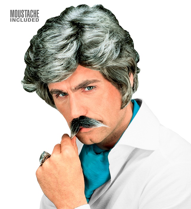"PERRUQUE PLAYBOY AVEC MOUSTACHES" gris - en boÎte