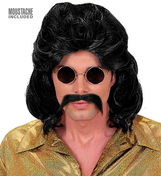 "PERRUQUE ET MOUSTACHE HOMME DES ANNEES 70" noire - en boite