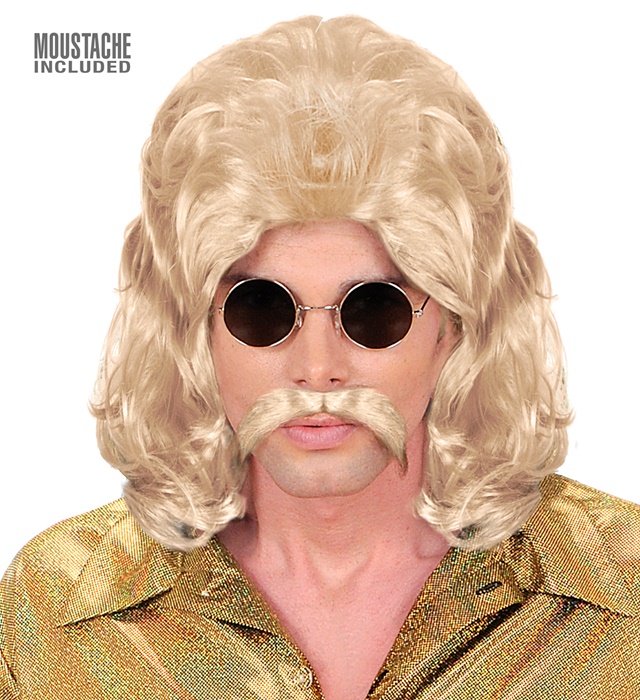 "PERRUQUE ET MOUSTACHE HOMME DES ANNNES 70" blonde - en boite