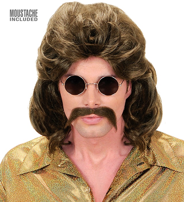 [S0808] "PERRUQUE ET MOUSTACHE HOMME DES ANNEES 70" brune - en boite