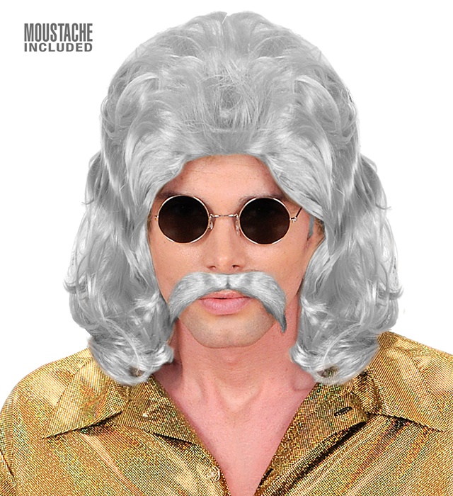 [S0809] "PERRUQUE ET MOUSTACHE HOMME DES ANNEES 70" grise - en boite