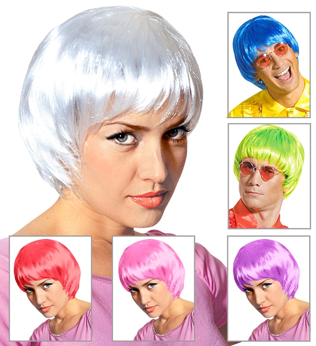 "PERRUQUE NEW AGE" en boÎte - 6 coul.: blanc, rose, violet, bleu, rouge, vert