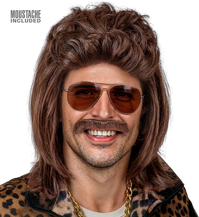 "PERRUQUE AVEC MUSTACHE MULLET BRUNE" en boite