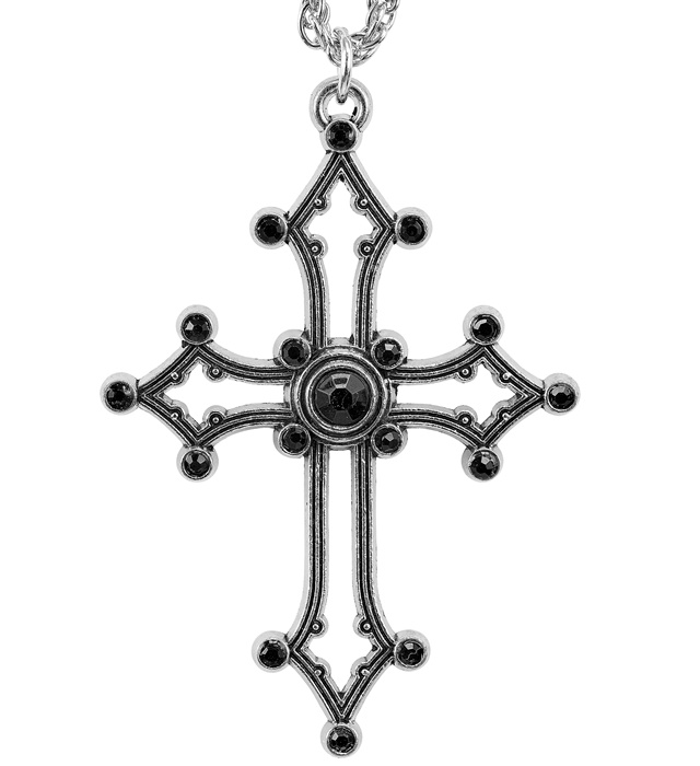 [15582] "COLLIER CROIX GOTHIQUE GEMMES NOIRES"