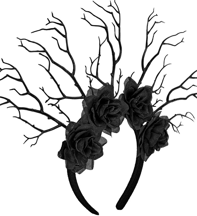 "COUVRE-CHEF REINE SOMBRE BRANCHES ET ROSES NOIRES"