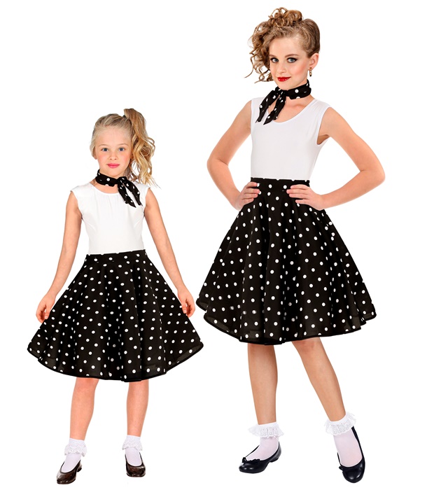 [01656] "JUPE ET FOULARD NOIRS A POIS ANNEES 50" taille enfant (tour de taille réglable 28-33 cm)
