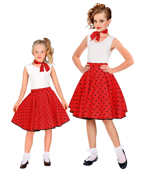 [01657] "JUPE ET FOULARD ROUGES A POIS ANNES 50" taille enfant (tour de taille réglable 28-33 cm)