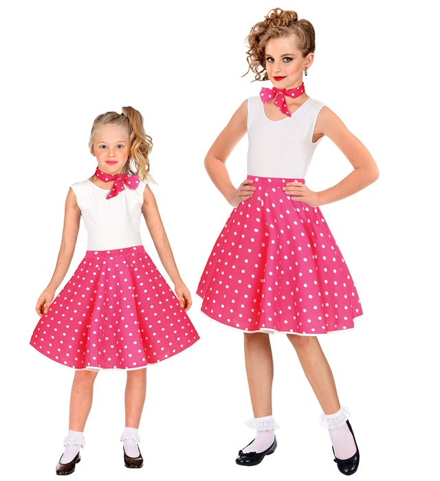 [01658] "JUPE ET FOULARD ROSES A POIS ANNES 50" taille enfant (tour de taille réglable 28-33 cm)