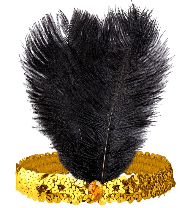 "BANDEAU ANNÉES 20 RUGISSANTS EN PAILLETTES AVEC 2 PLUMES ET GEMME D’OR"