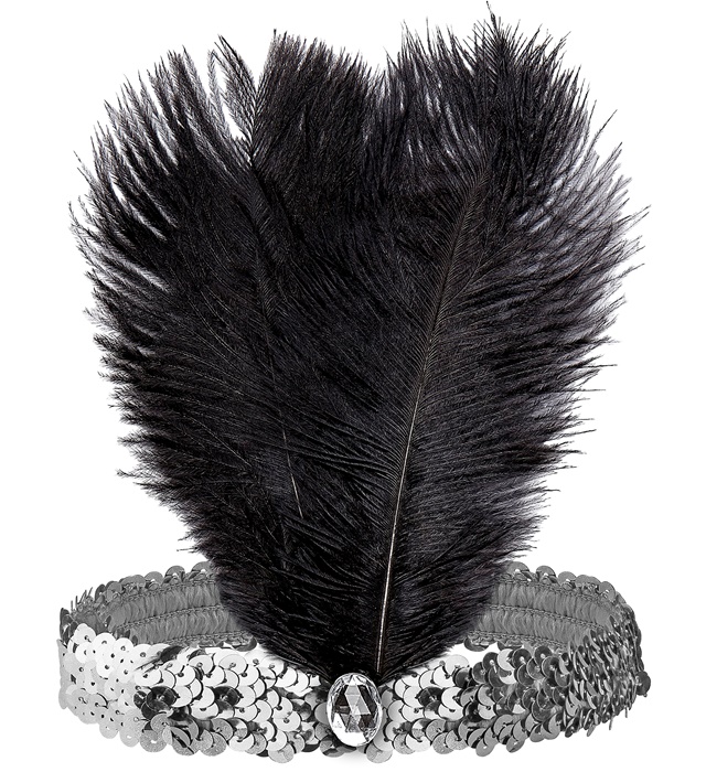"BANDEAU ANNÉES 20 RUGISSANTS EN PAILLETTES AVEC 2 PLUMES ET GEMME D’ARGENT"