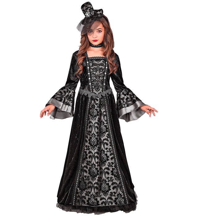 [91635] "COMTESSE SOMBRE" (robe, jupon à cerceau, collier, mini-chapeau avec voile) (116 cm / 4-5 Years)