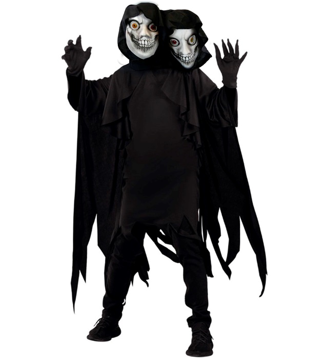 "FAUCHEUSE À DEUX TÊTES" (robe à capuche avec deux masques, gants)