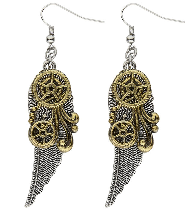 Paire de " BOUCLES D'OREILLES STEAMPUNK AVEC PLUMES"
