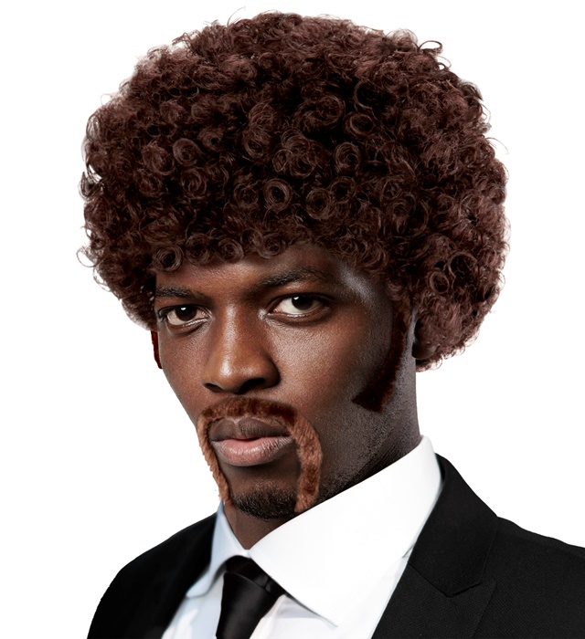 [01841] "PERRUQUE AFRO PULP FICTION AVEC MOUSTACHES ET FAVORIS" en boite