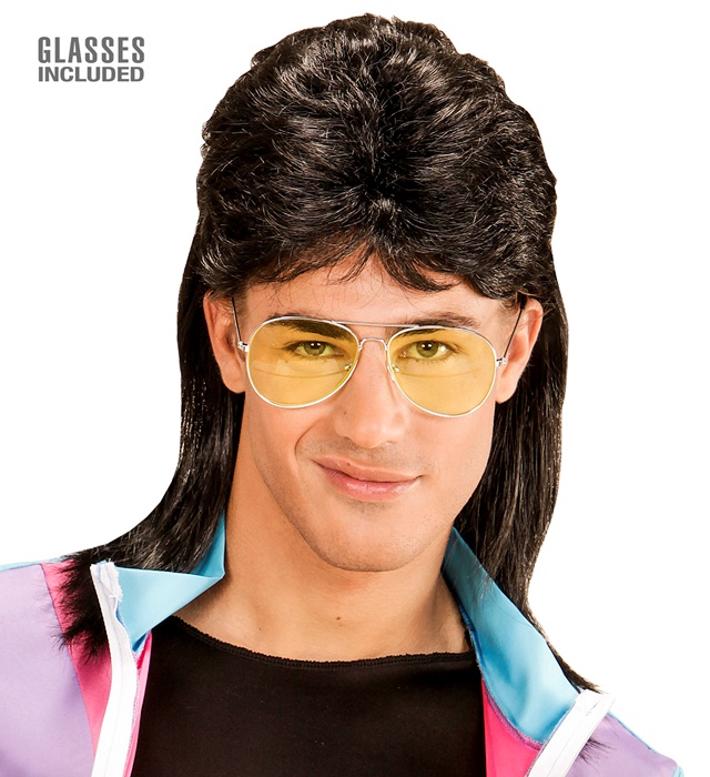 " PERRUQUE MULET NOIRE ANNEES 80 AVEC LUNETTES" (en sachet)