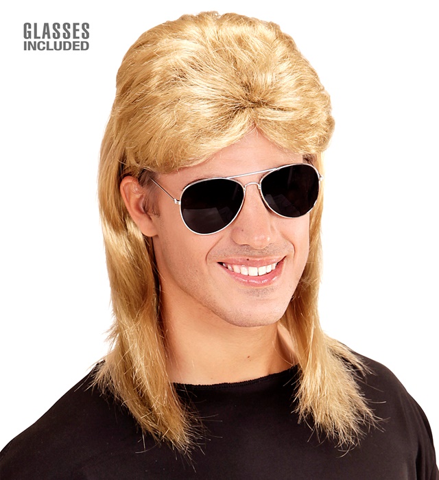[01854] " PERRUQUE MULET BLONDE ANNEES 80 AVEC LUNETTES" (en sachet)