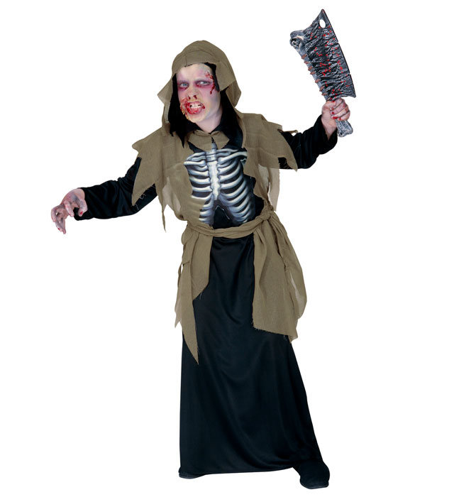 "ZOMBIE" (tunique avec capuche, buste holographique avec os, ceinture)