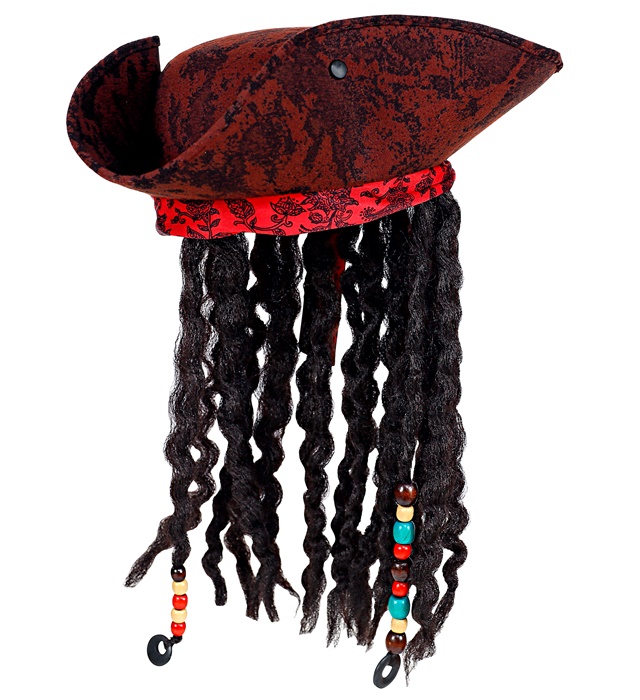 "TRICORNE PIRATE AVEC BANDANA ET DREADLOCKS" aspect cuir vieilli